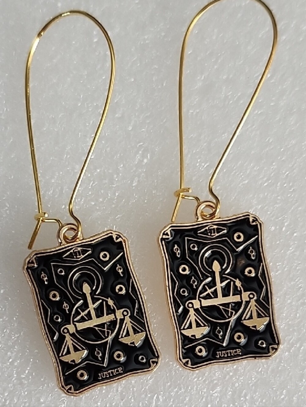 Hand Crafted Gold and Black Justice Tarot Drop Earrings - Women Jewelry
